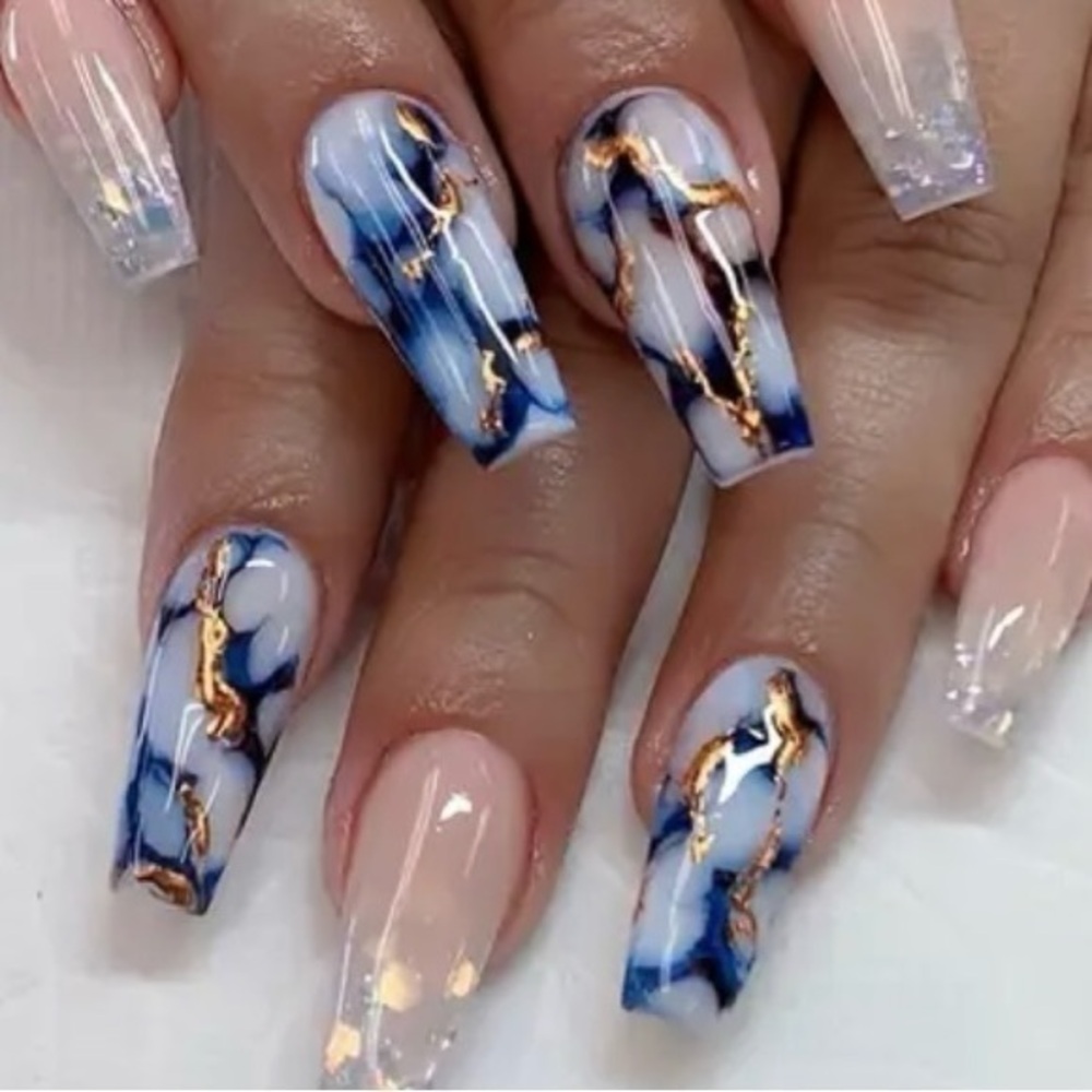 Blue & Gold Marbled Fake Press On Nails NWT